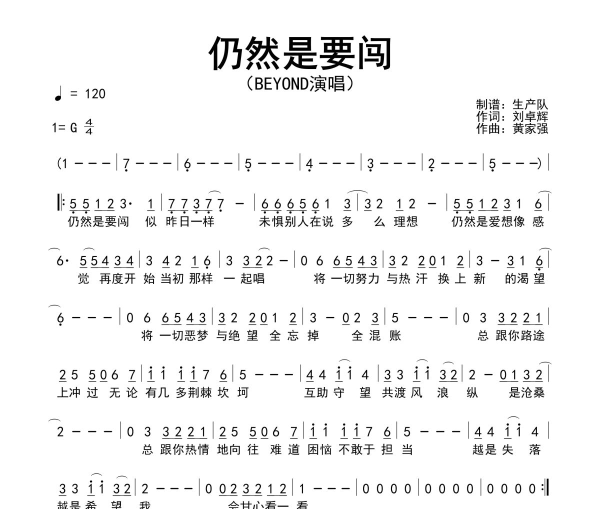 仍然是要闯简谱 Beyond《仍然是要闯》简谱G调