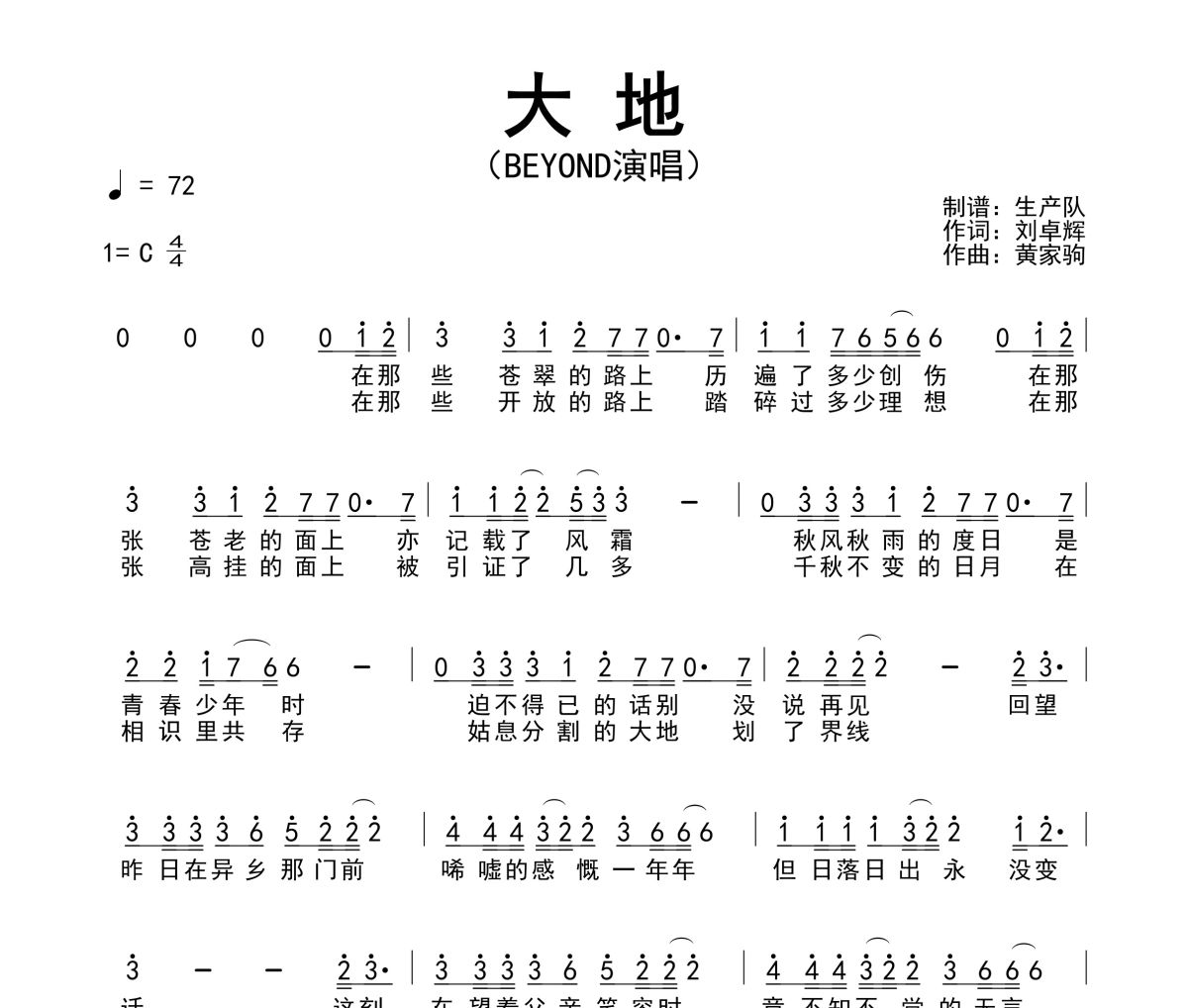 大地简谱 Beyond-大地简谱C调