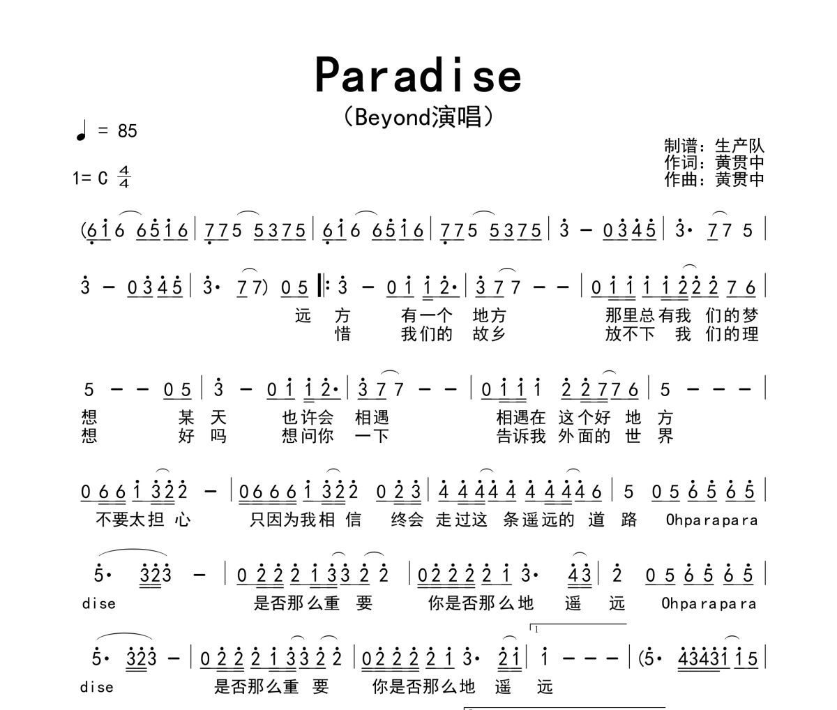 Paradise简谱 Beyond《Paradise》简谱C调