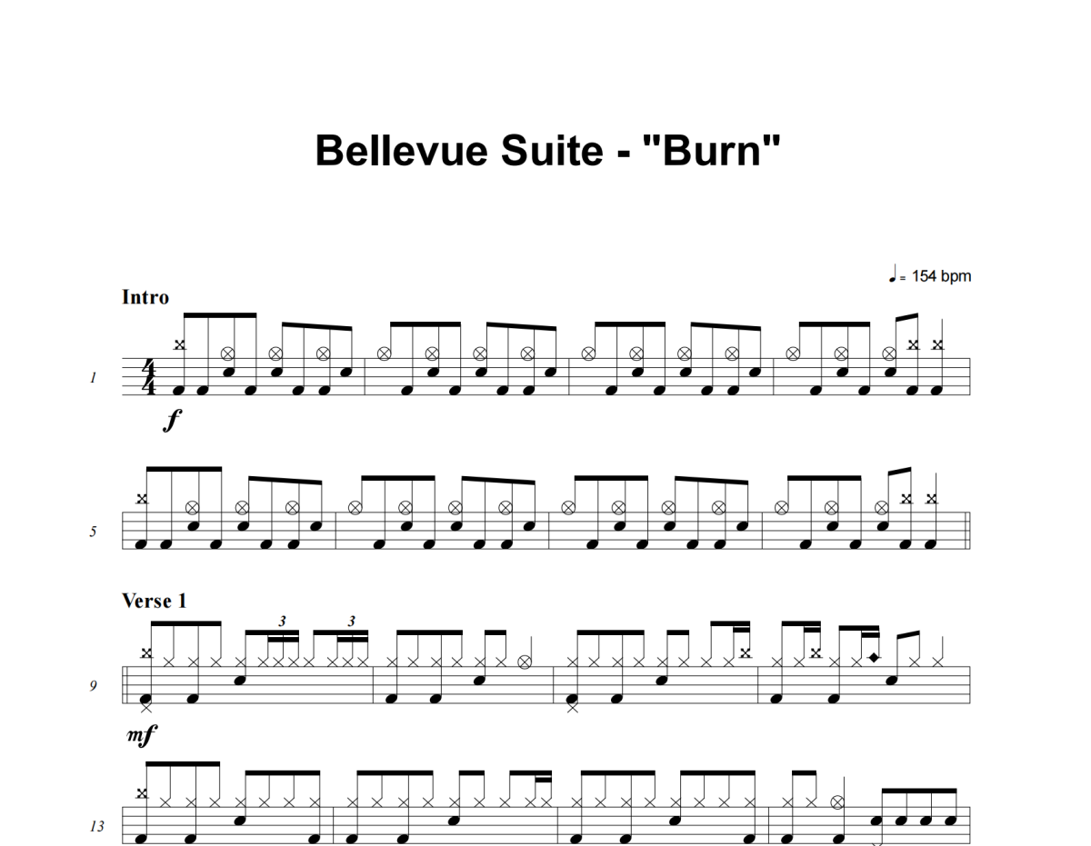 Burn鼓谱 Bellevue Suite《Burn》架子鼓|爵士鼓|鼓谱