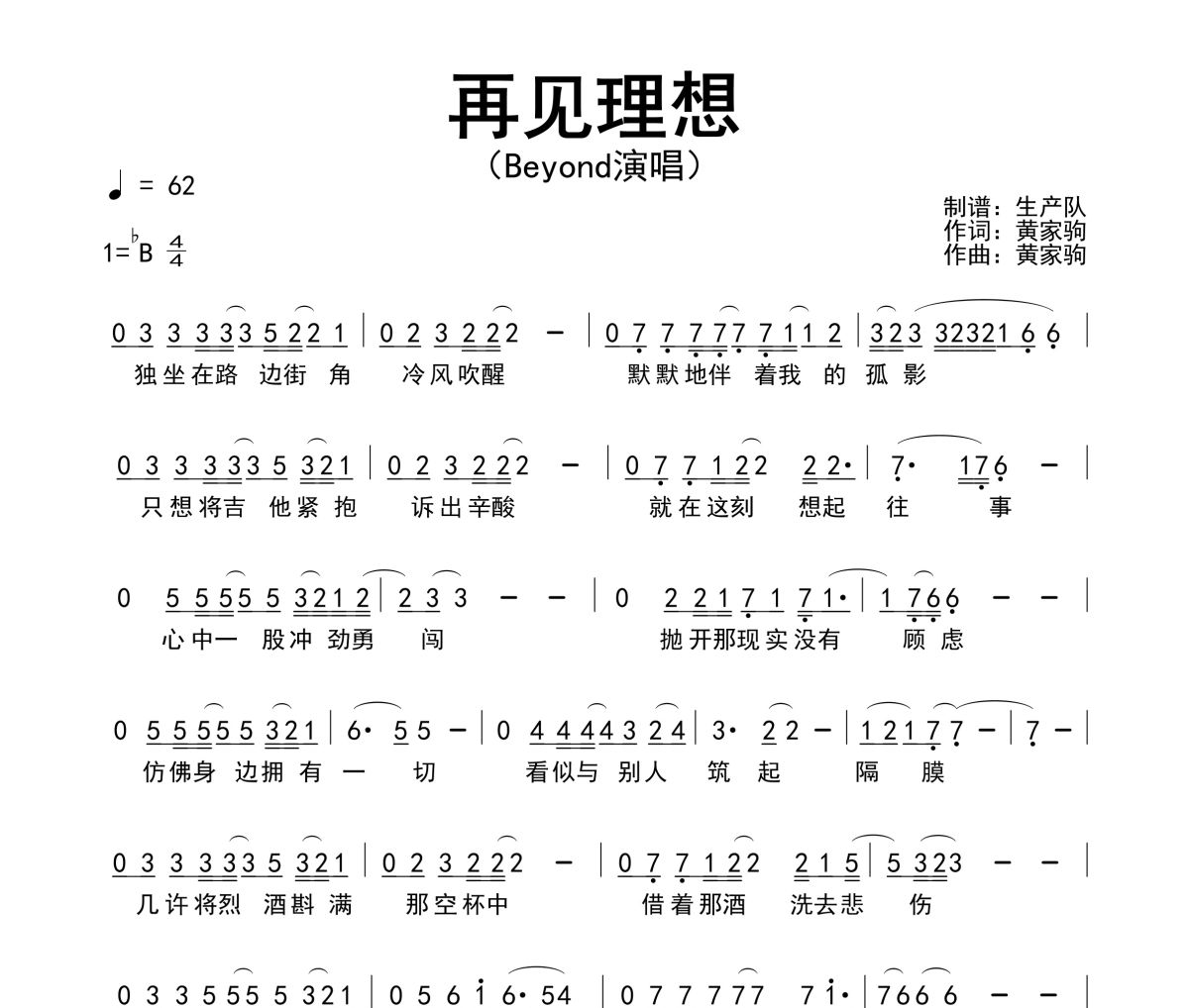 再见理想简谱 Beyond《再见理想》简谱降B调