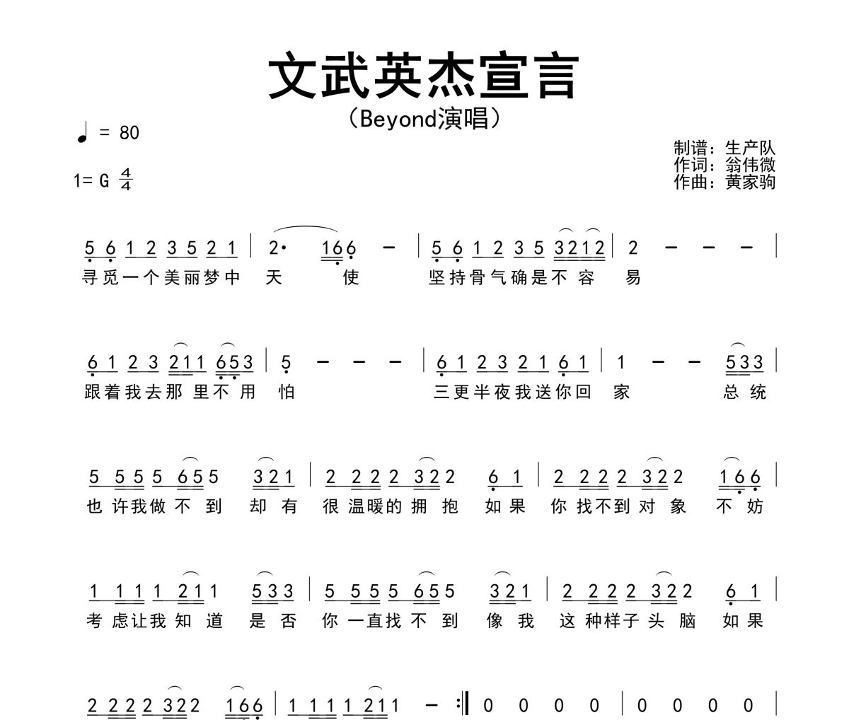 文武英杰宣言简谱 Beyond《文武英杰宣言》简谱G调