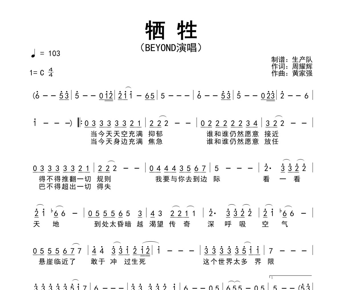 牺牲简谱 Beyond《牺牲》简谱C调