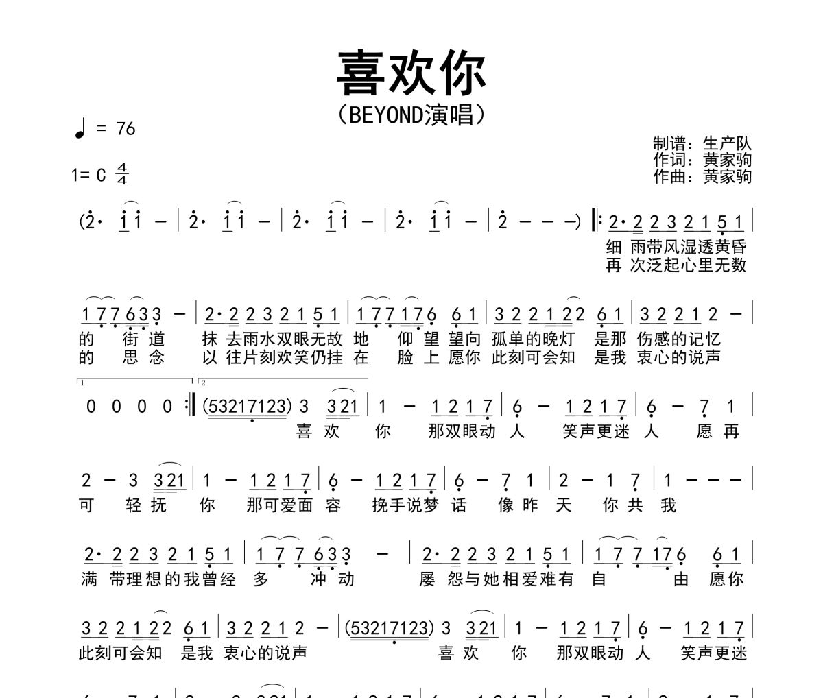 喜欢你简谱 Beyond《喜欢你》简谱C调