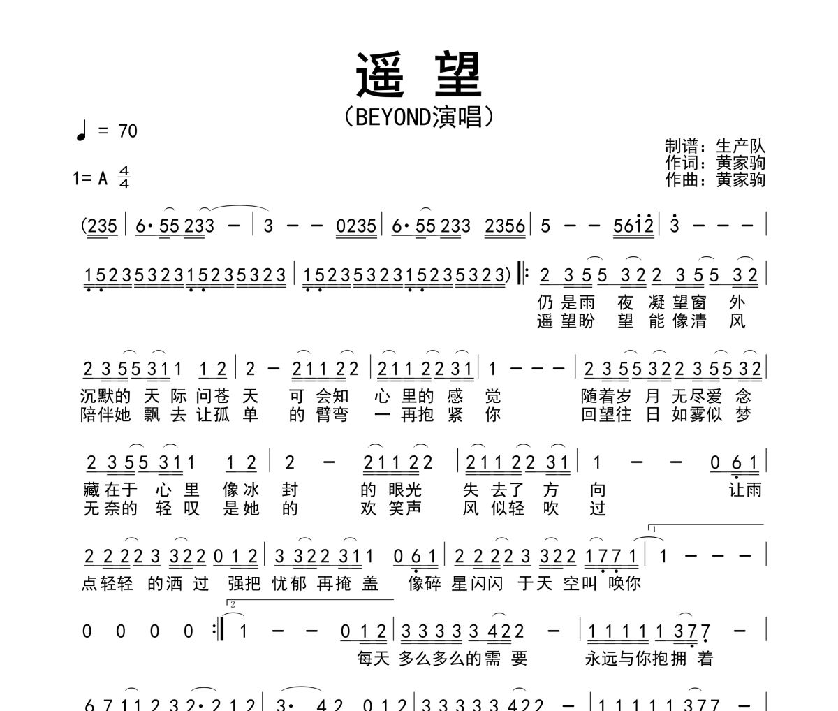 遥望简谱 Beyond《遥望》简谱A调