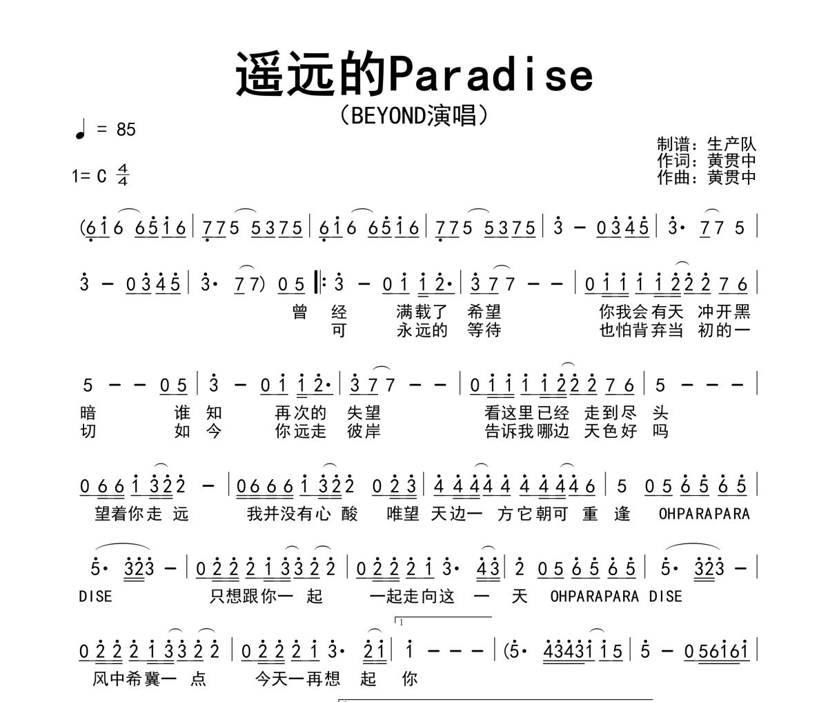 遥远的Paradise简谱 Beyond《遥远的Paradise》简谱C调