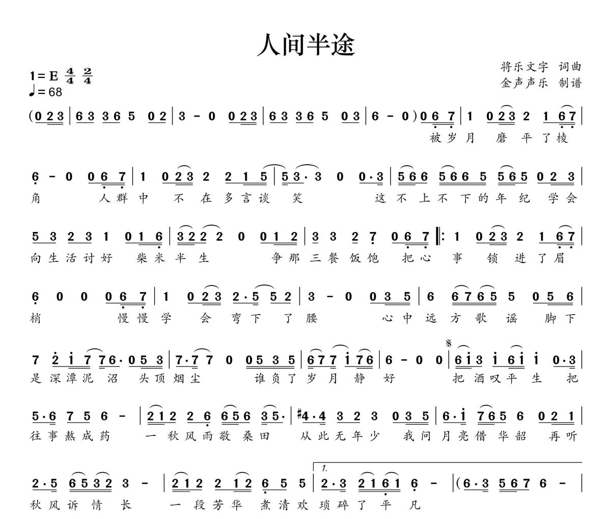人间半途简谱 刘阳阳《人间半途》简谱+动态视频E调