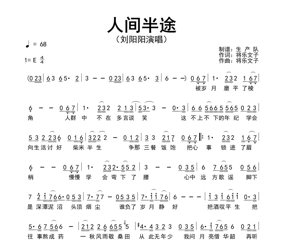人间半途简谱 刘阳阳-人间半途简谱E调