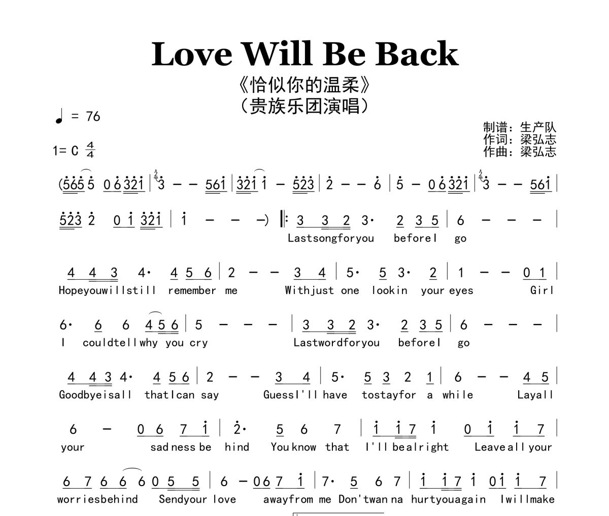Love Will Be Back简谱 贵族乐团《Love Will Be Back》(恰似你的温柔)简谱C调