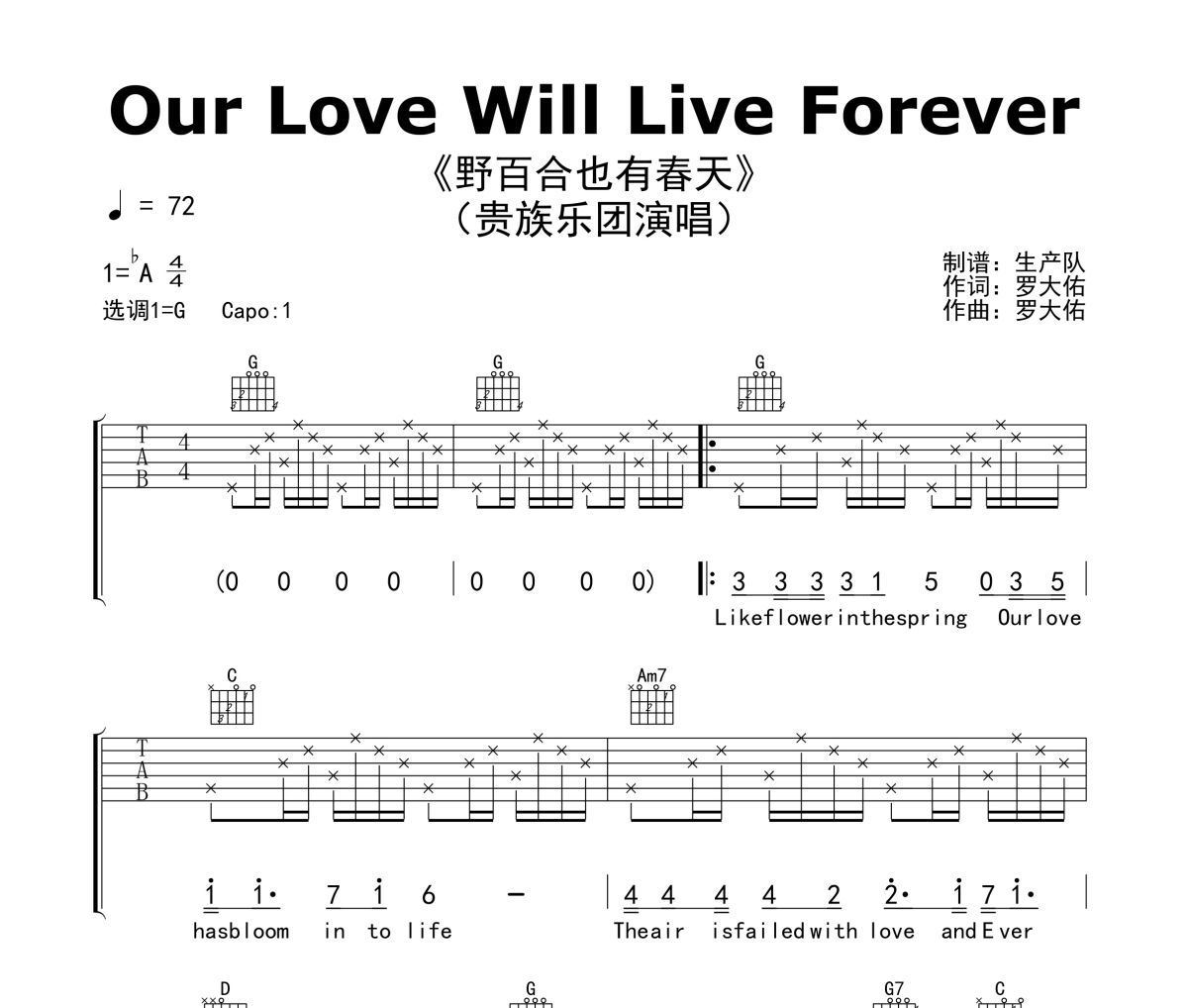 Our Love Will Live Forever吉他谱 贵族乐团《Our Love Will Live Foreve