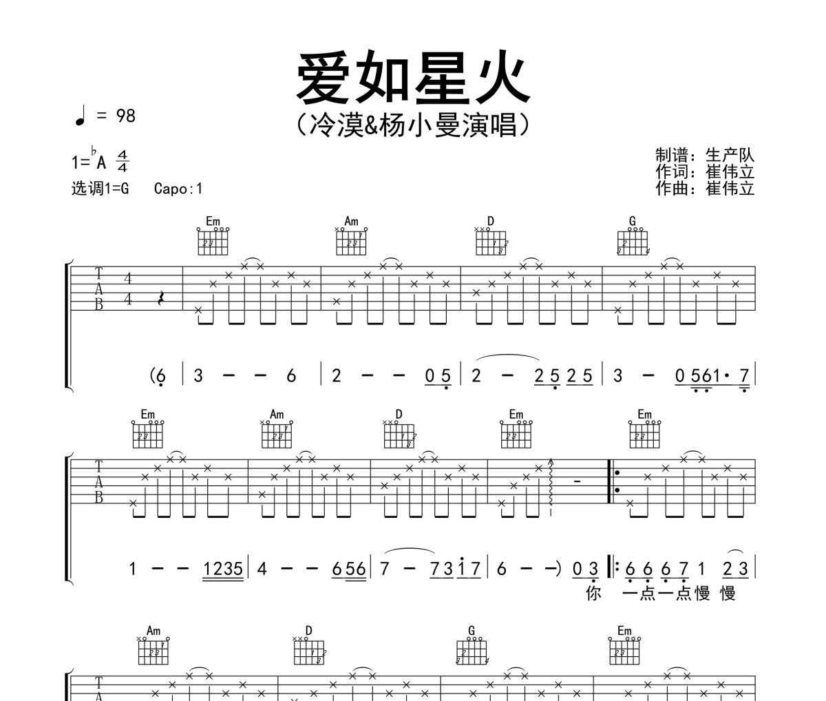 爱如星火吉他谱 冷漠/杨小曼《爱如星火》六线谱|吉他谱