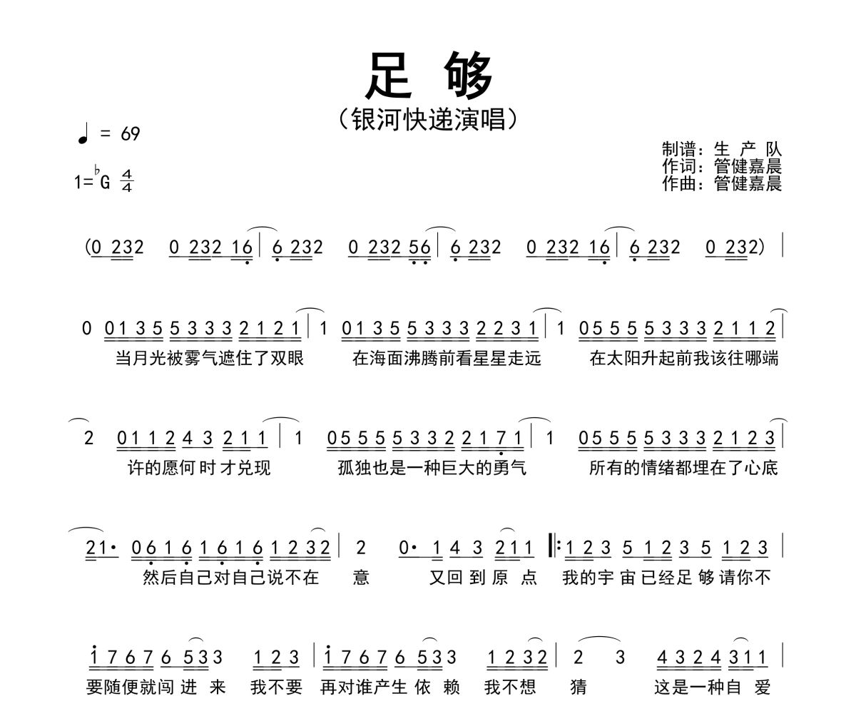 足够简谱 银河快递《足够》简谱降G调