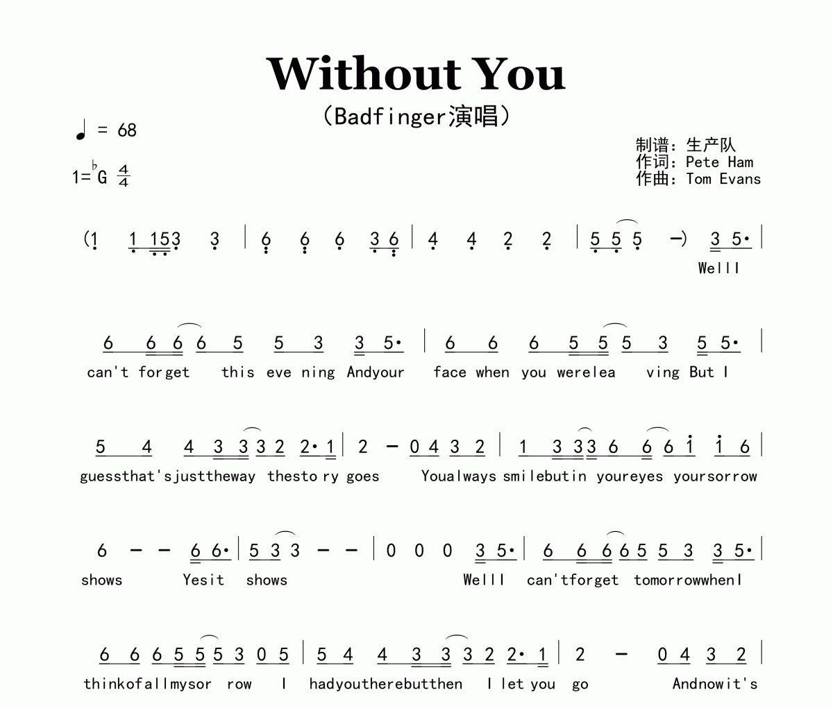 Without You简谱 Badfinger《Without You》简谱降G调