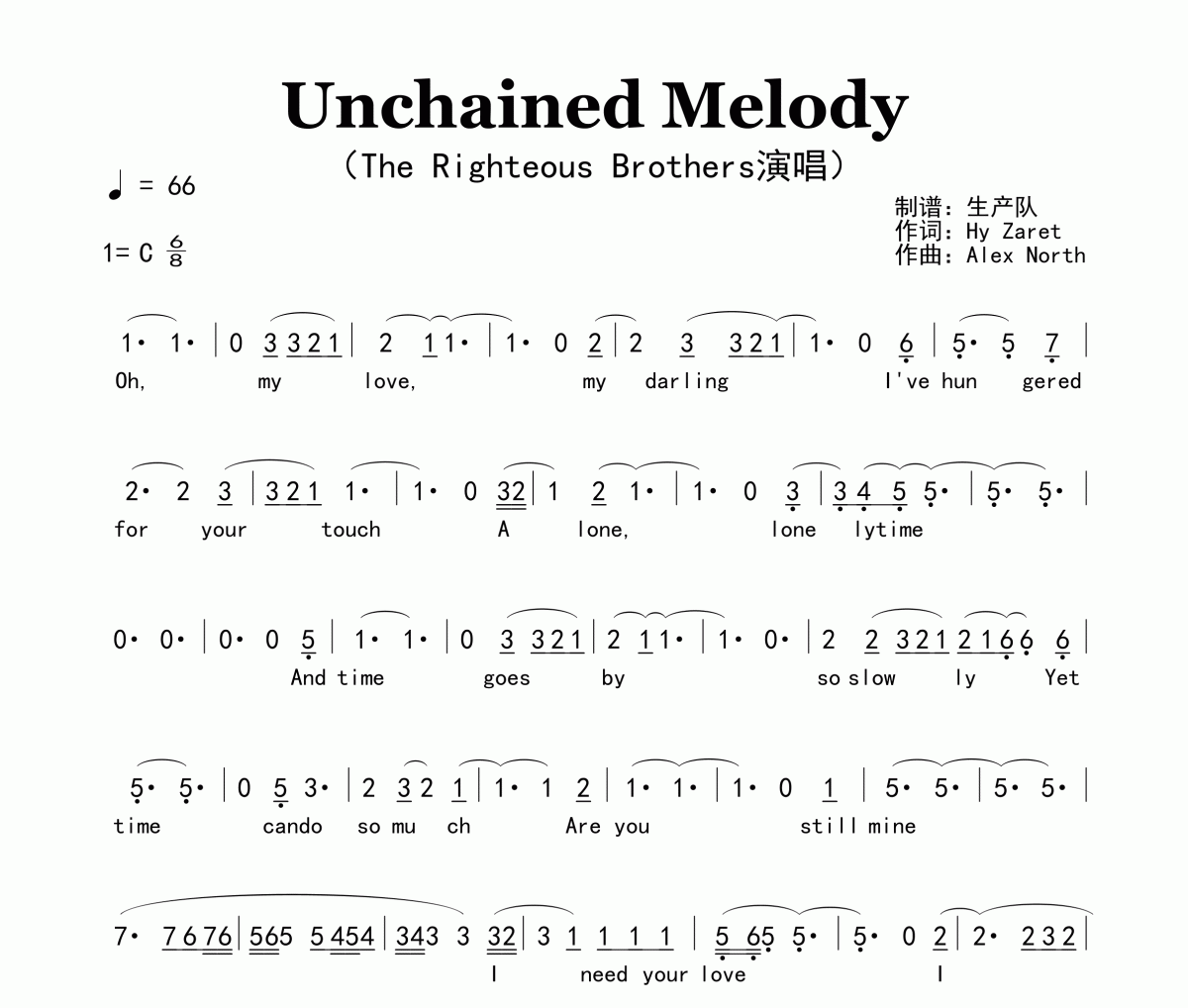 Unchained Melody简谱 The Righteous Brothers《Unchained Melody》简