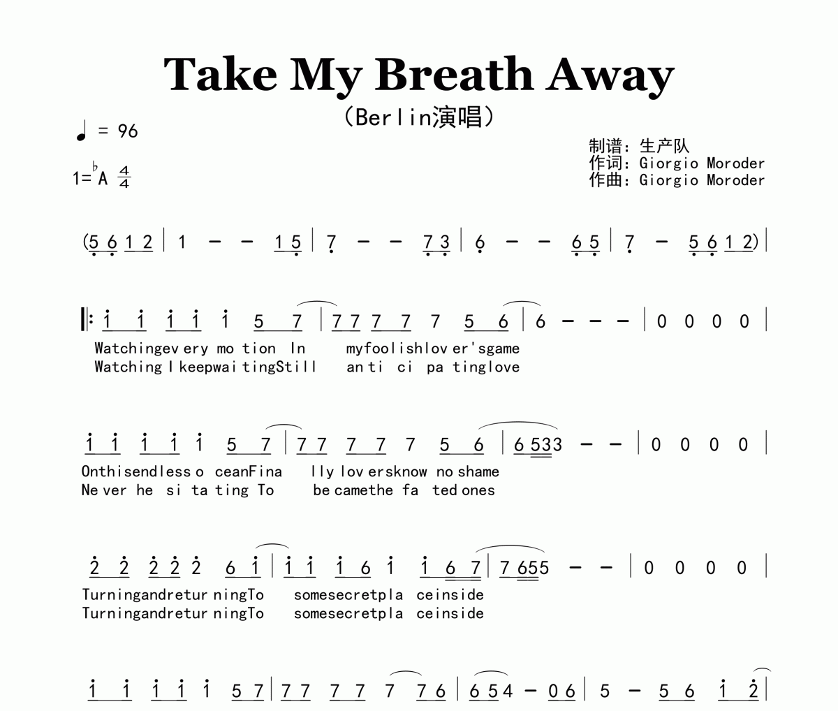 Take My Breath Away简谱 Berlin《Take My Breath Away》简谱降A调