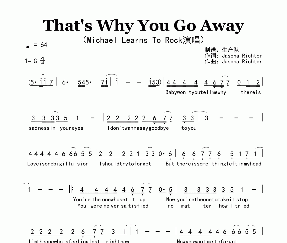 That's Why You Go Away简谱 Michael Learns To Rock《That's Why Y