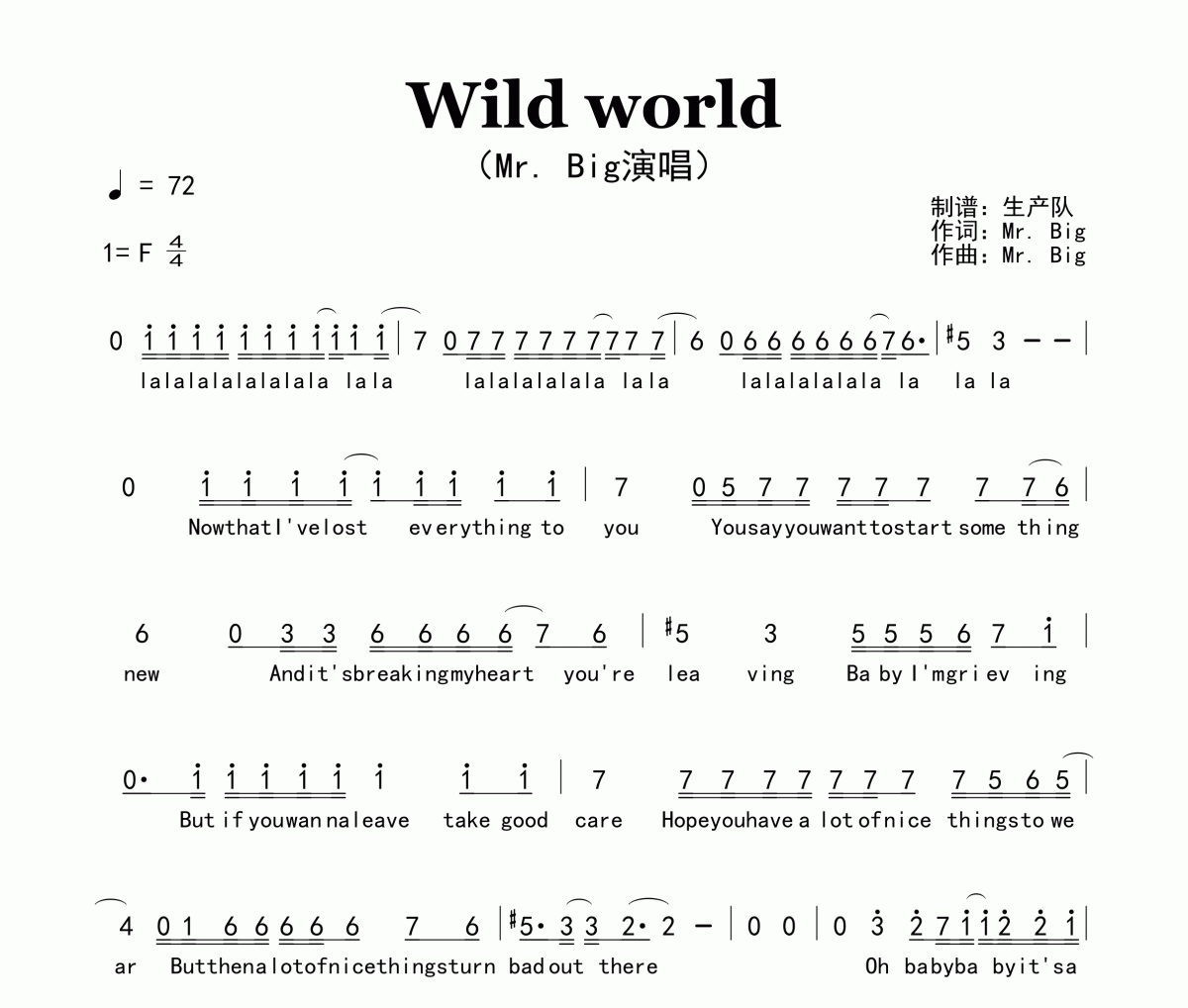 Wild World简谱 Mr. Big《Wild World》简谱F调
