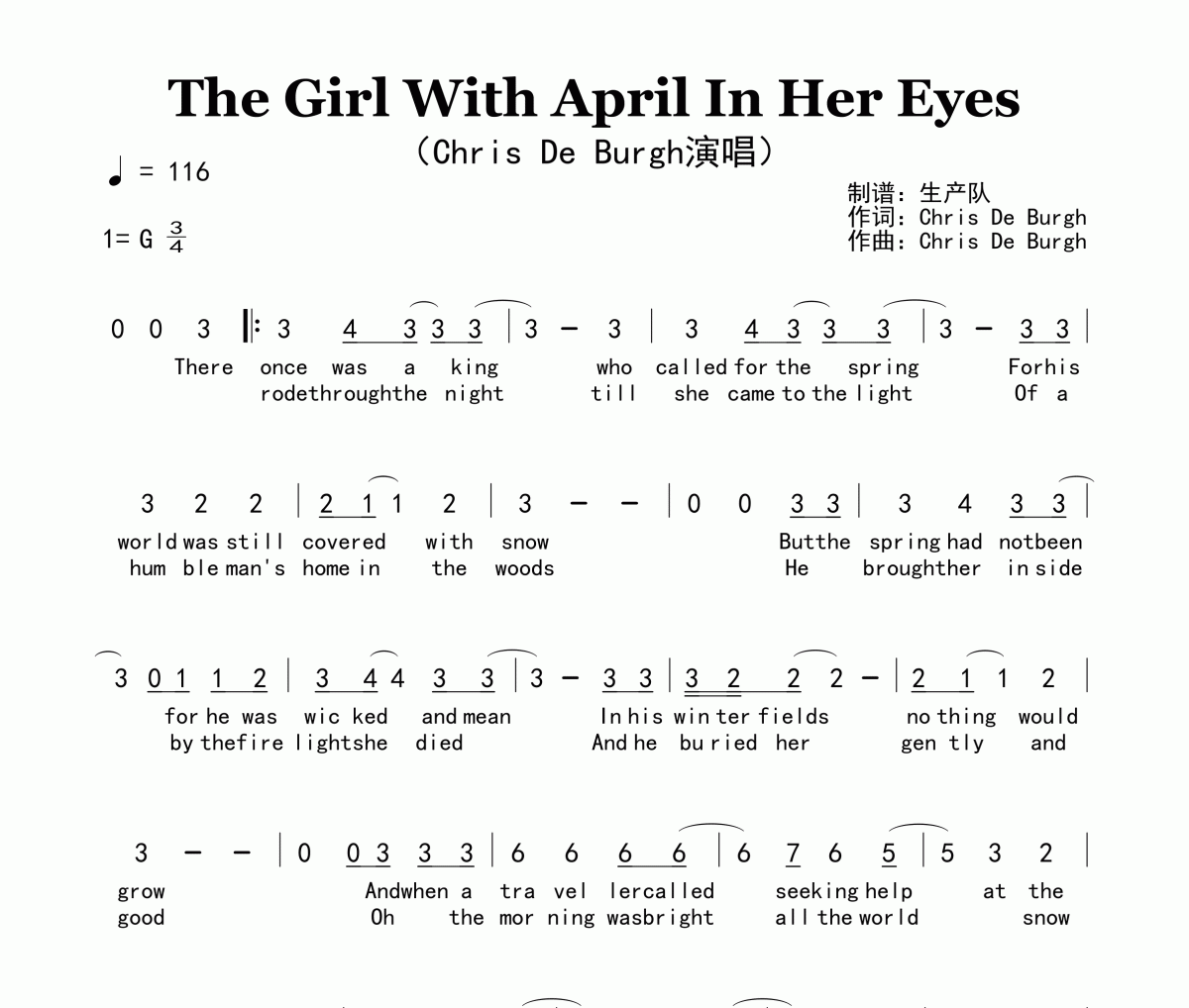 The Girl With April In Her Eyes简谱 Chris De Burgh《The Girl Wi
