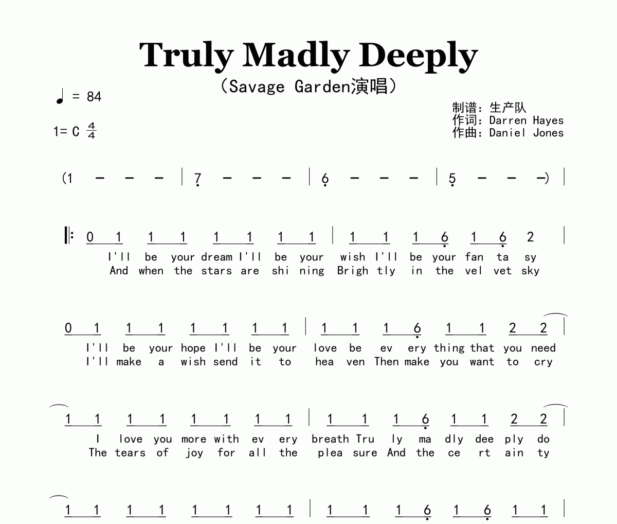 Truly Madly Deeply简谱 Savage Garden《Truly Madly Deeply》简谱C调