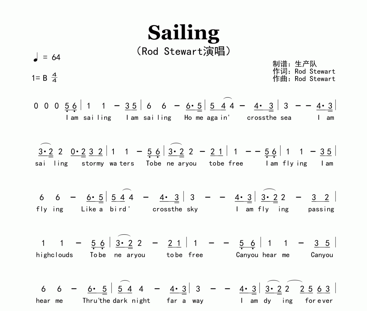 Sailing简谱 Rod Stewart《Sailing》简谱B调
