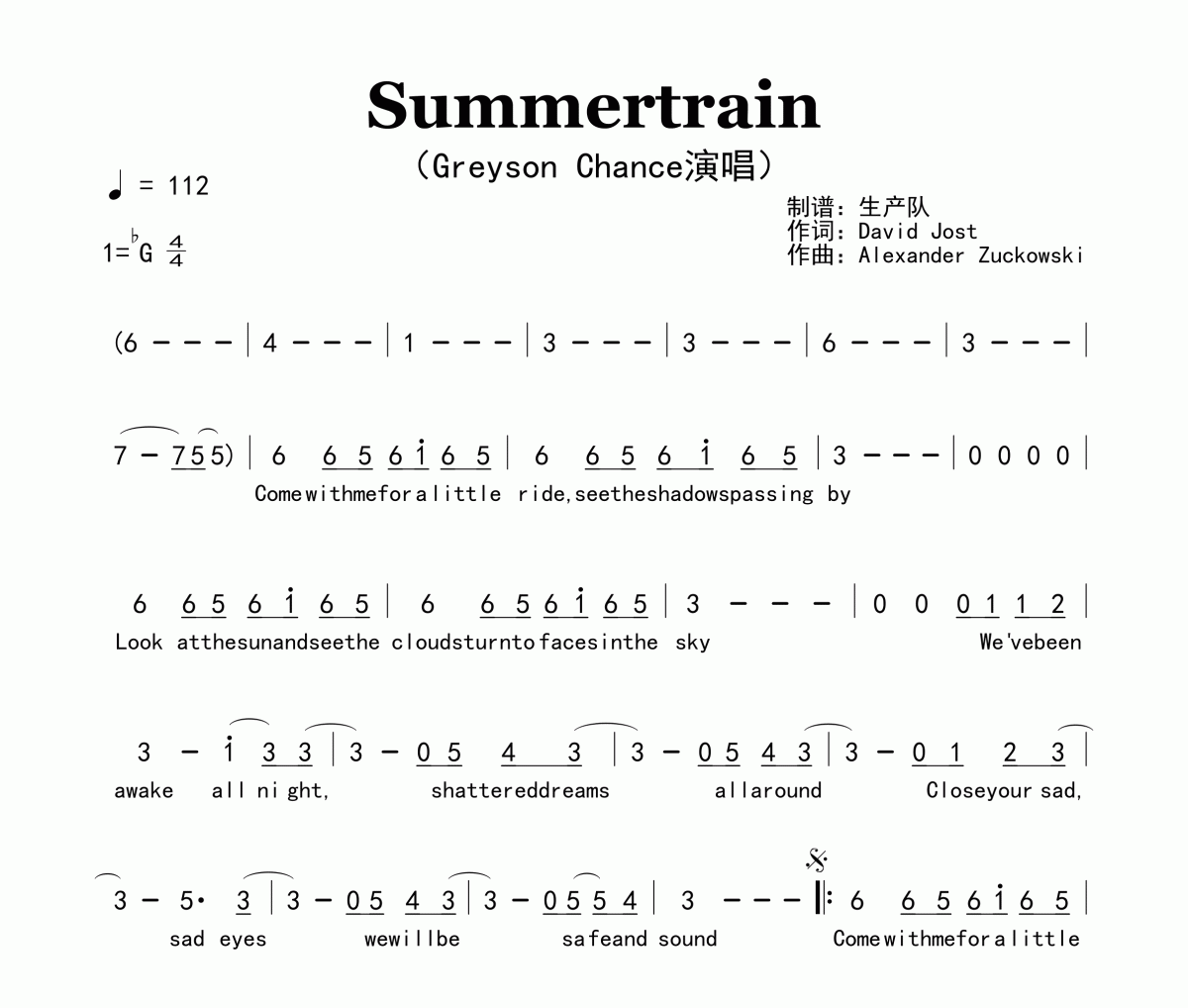 Summertrain简谱 Greyson Chance《Summertrain》简谱降G调