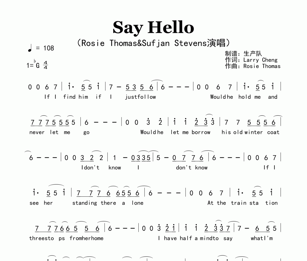 Say Hello简谱 Rosie Thomas《Say Hello》简谱降G调