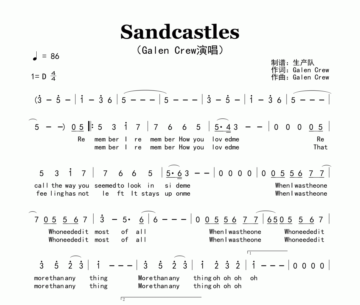 Sandcastles简谱 Galen Crew《Sandcastles》简谱D调