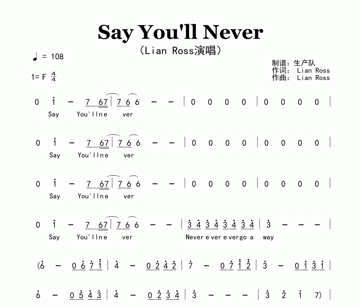 Say You'll Never简谱 Lian Ross《Say You'll Never》简谱F调