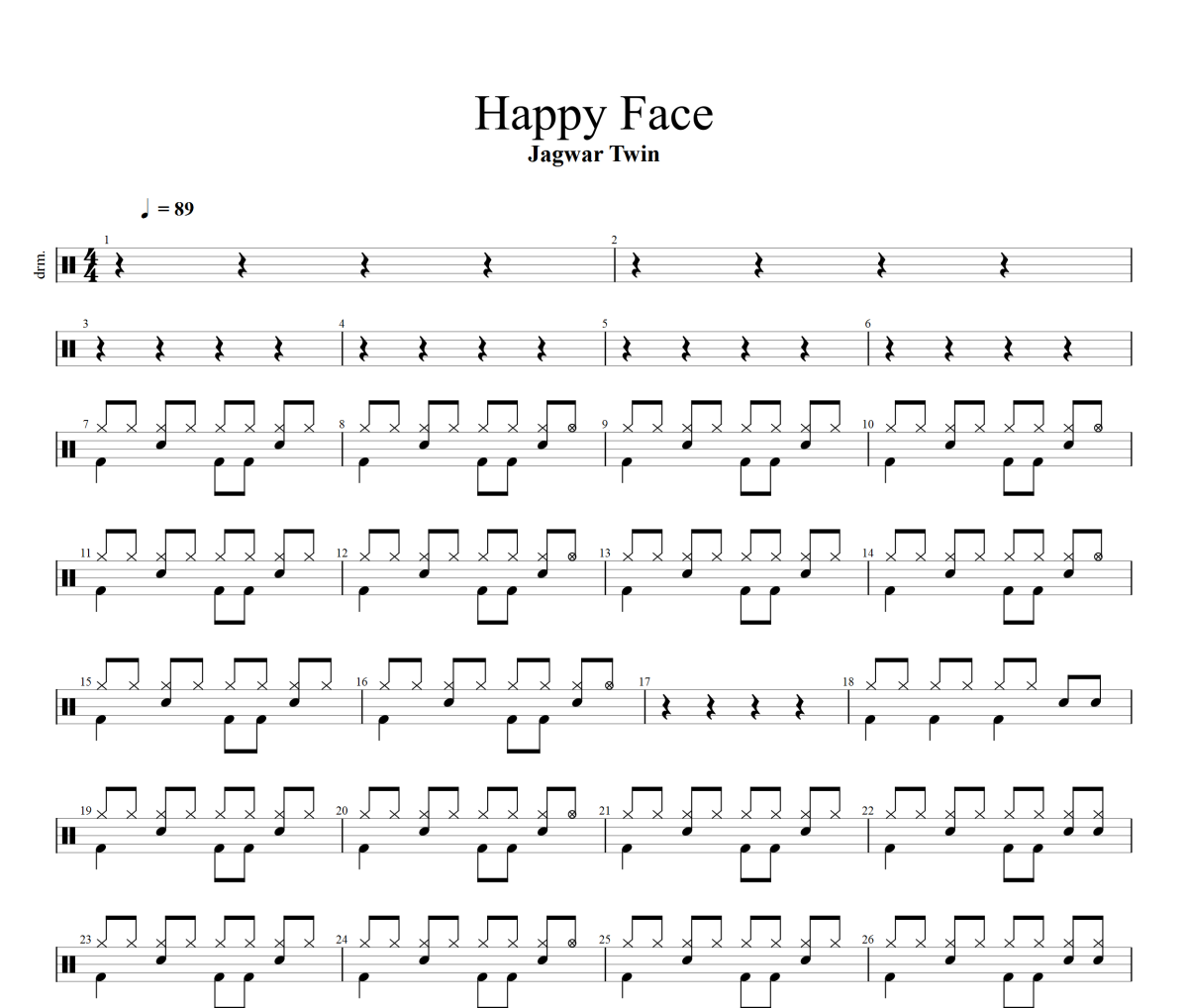 Happy Face鼓谱 Jagwar Twin-Happy Face爵士鼓谱+动态视频