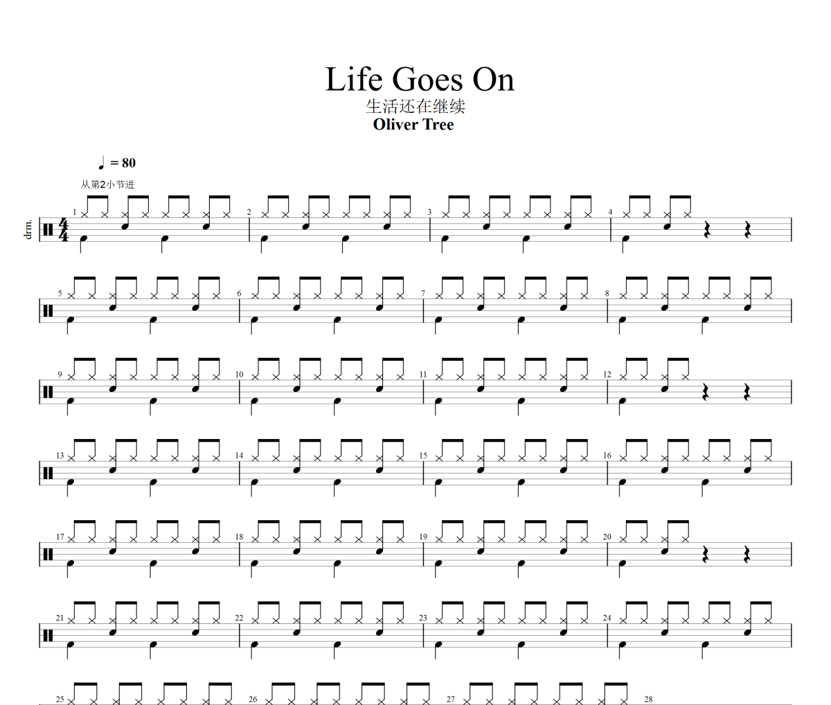 Life Goes On鼓谱 Oliver Tree 《 Life Goes On》架子鼓|爵士鼓|鼓谱+动态视频