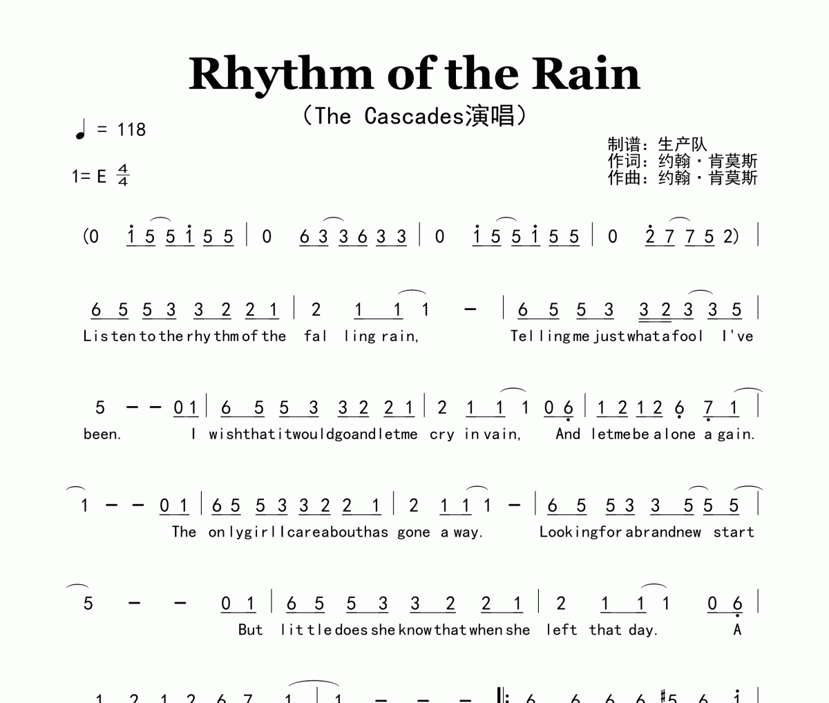Rhythm of the Rain简谱 The Cascades《Rhythm of the Rain》简谱E调