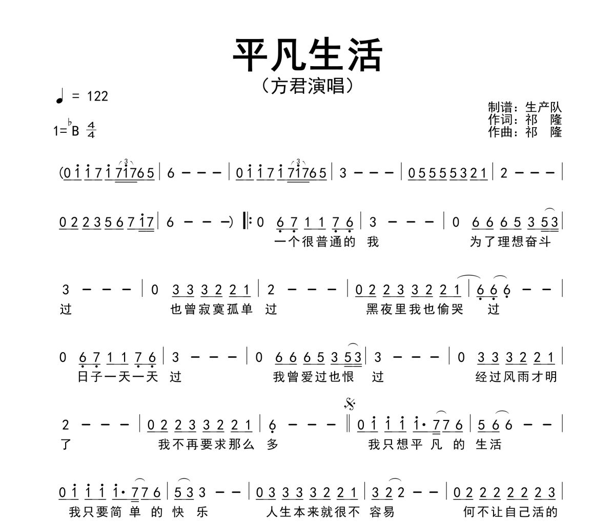 平凡生活简谱 方君-平凡生活简谱降B调