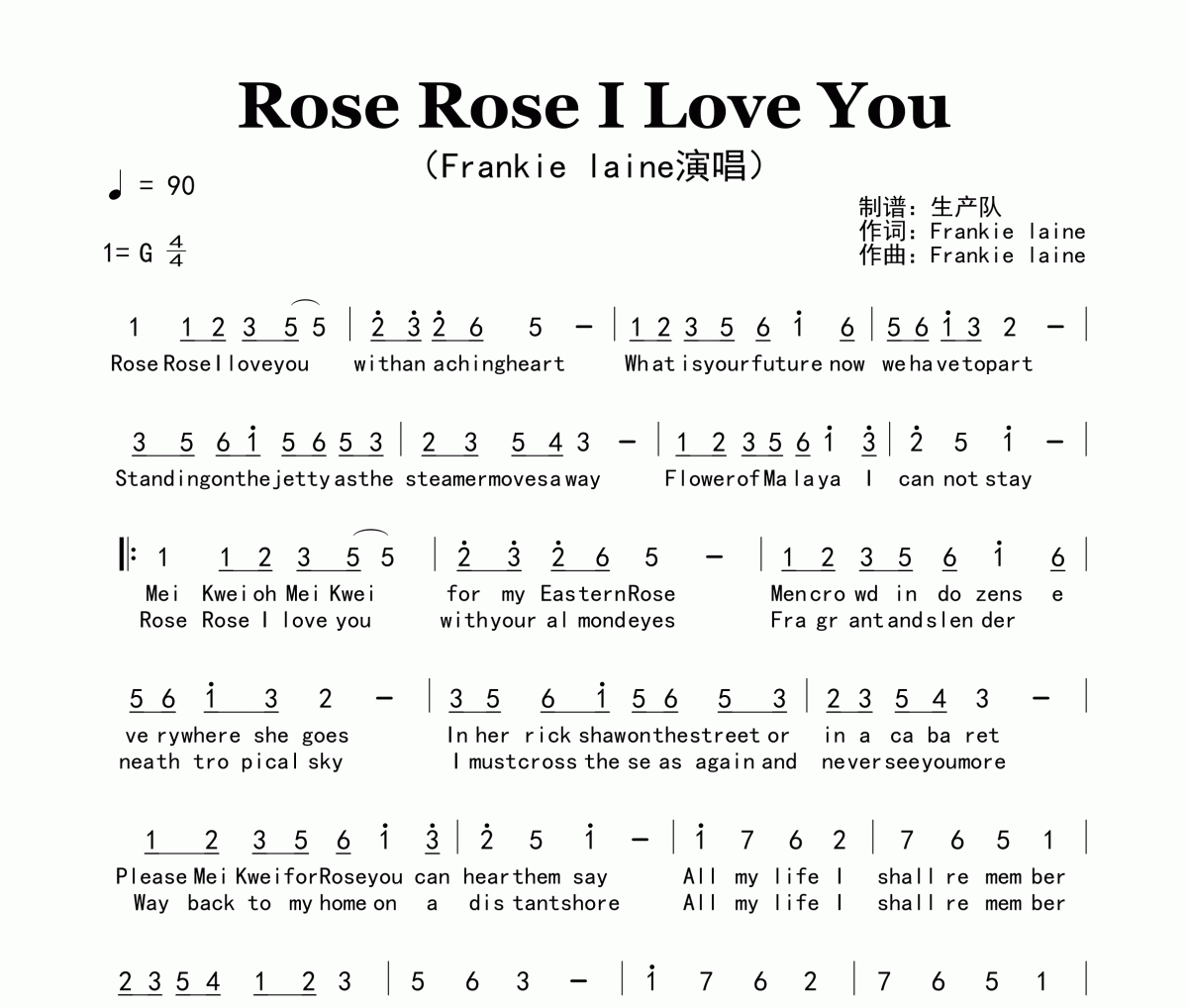 Rose Rose I Love You简谱 Frankie Laine《Rose Rose I Love You》简谱