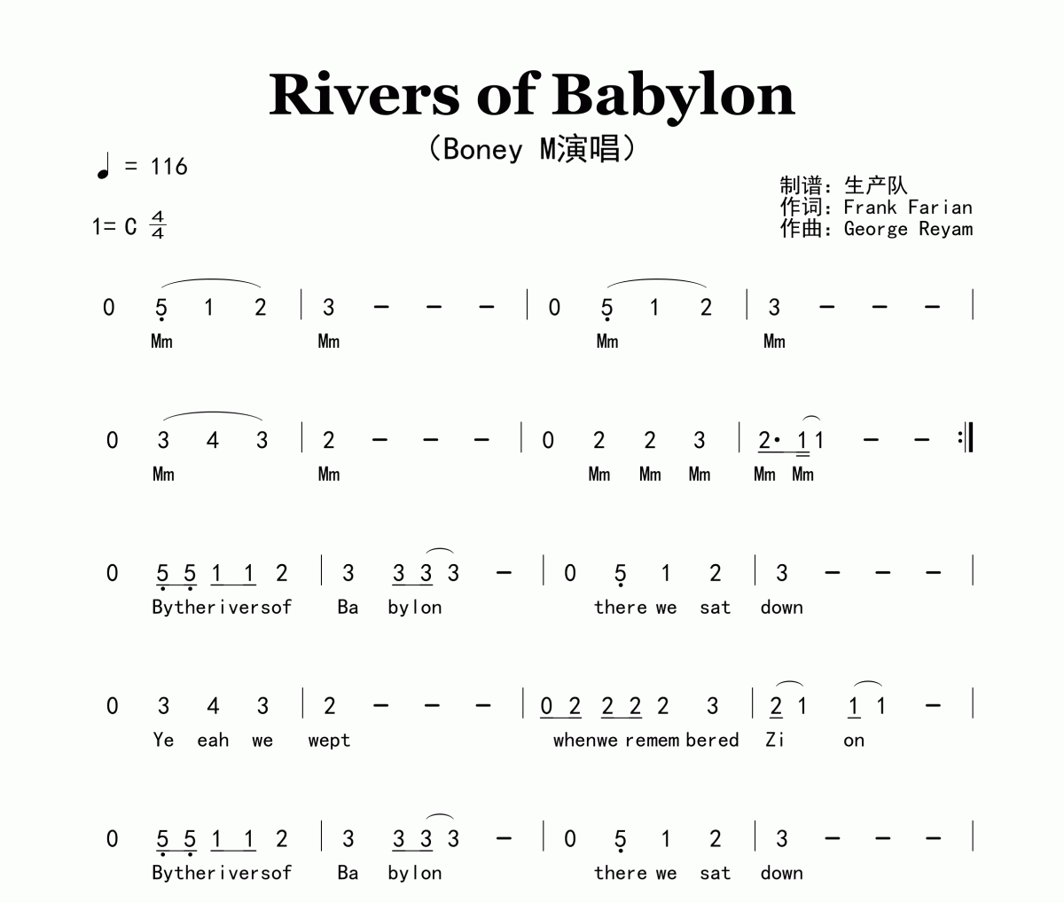 Rivers of Babylon简谱 Boney M《Rivers of Babylon》简谱C调