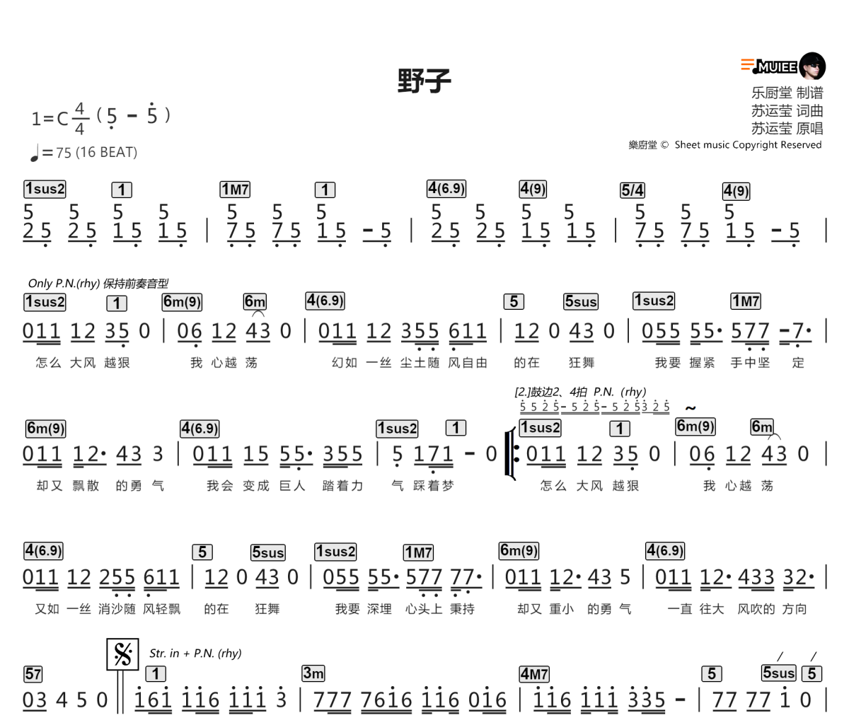 野子简谱 苏运莹《野子》简谱C调