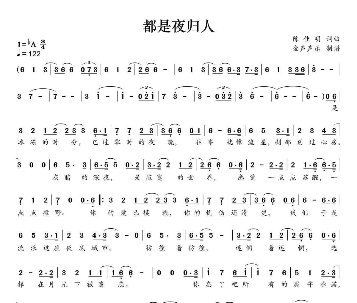 都是夜归人简谱 许美静《都是夜归人》简谱+动态视频降A调