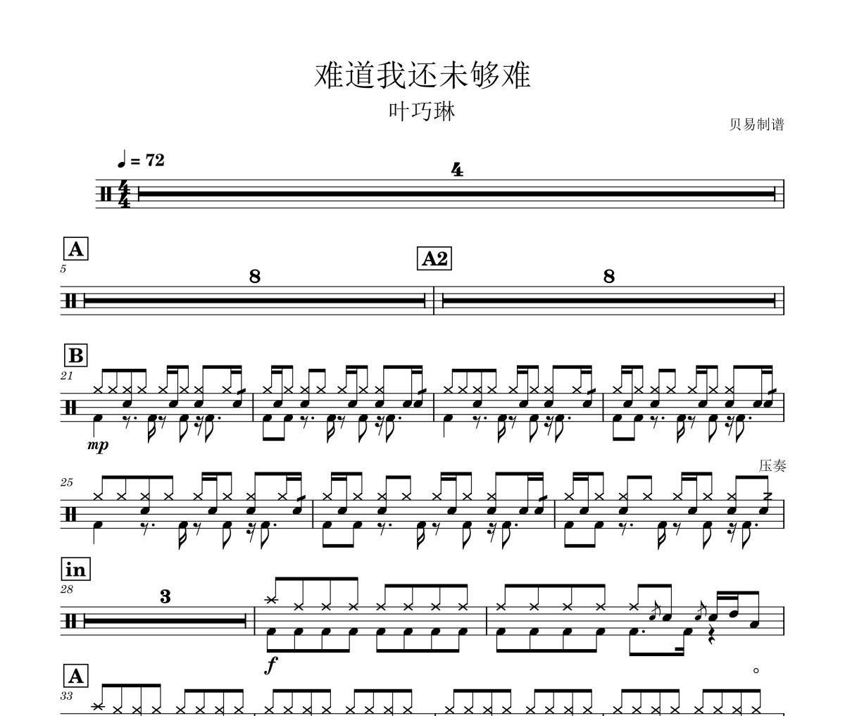 难道我还未够难鼓谱 叶巧琳《难道我还未够难》架子鼓|爵士鼓|鼓谱