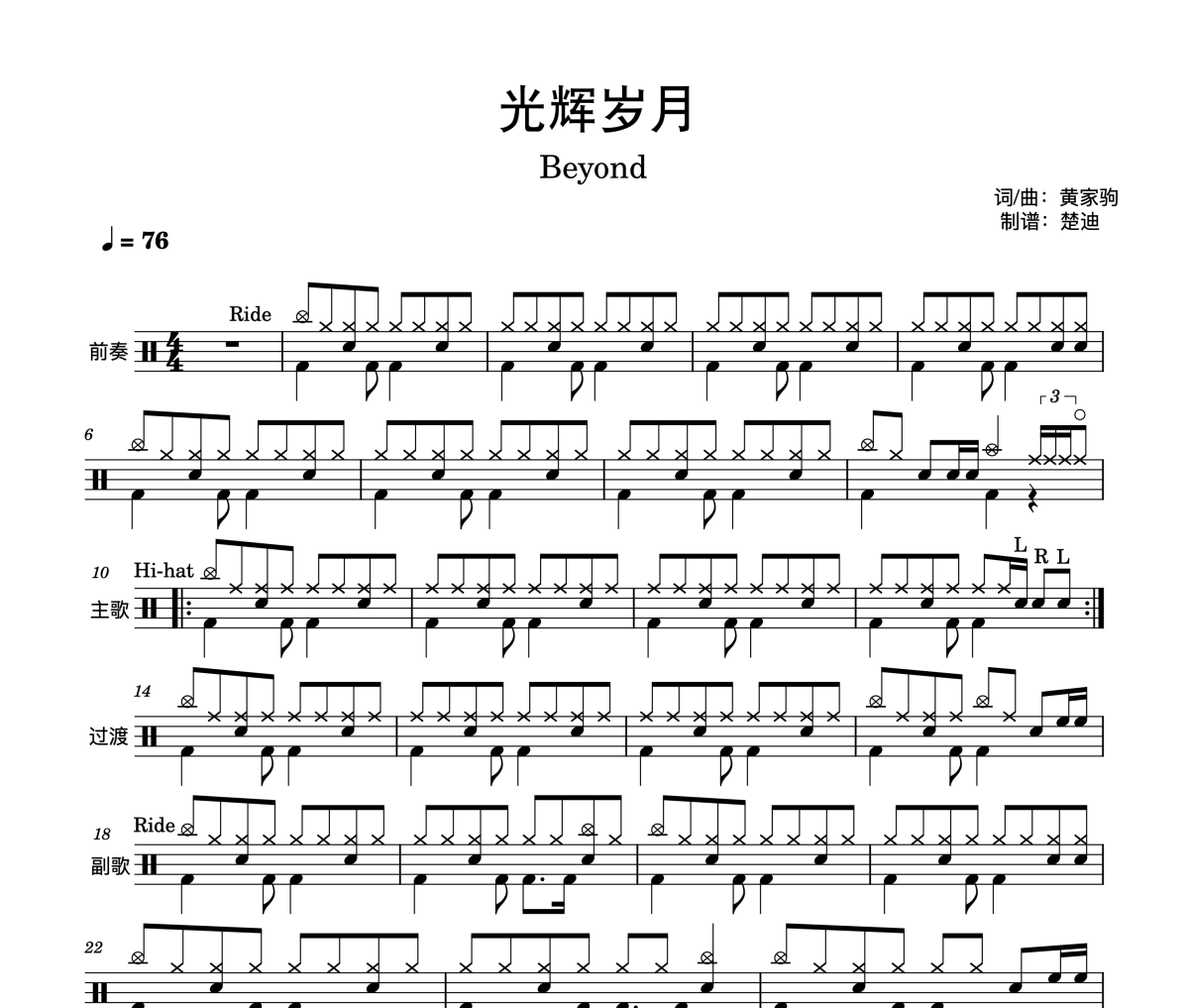 光辉岁月鼓谱 Beyond-光辉岁月爵士鼓谱