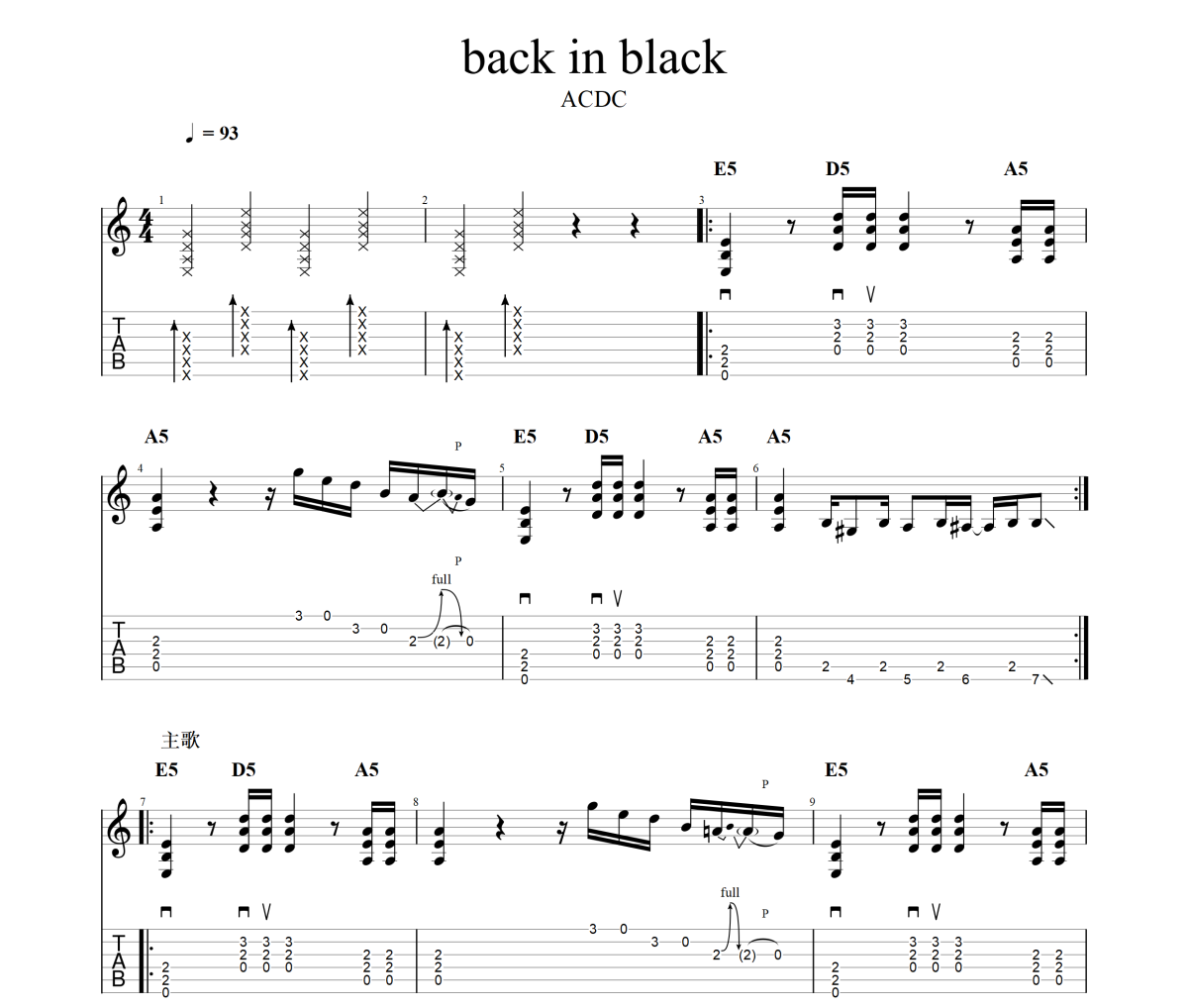 back in black吉他谱 ACDC《back in black》六线谱G调