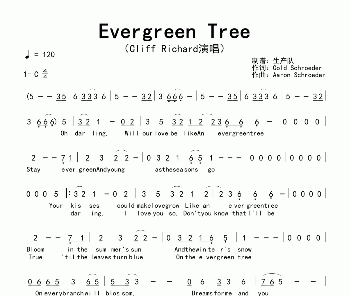 Evergreen Tree简谱 Cliff Richard《Evergreen Tree》简谱C调