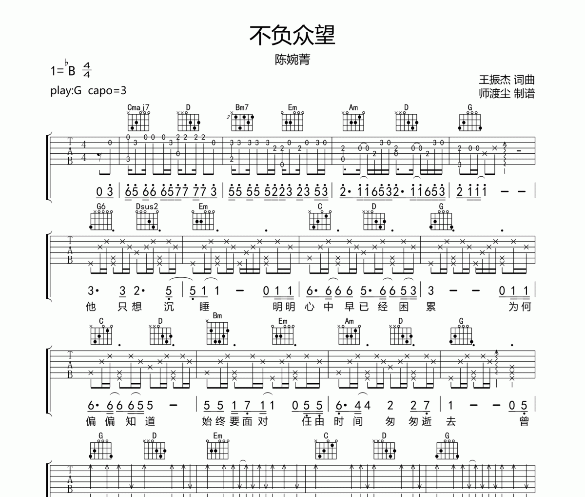 不负众望吉他谱 陈婉菁-不负众望六线谱