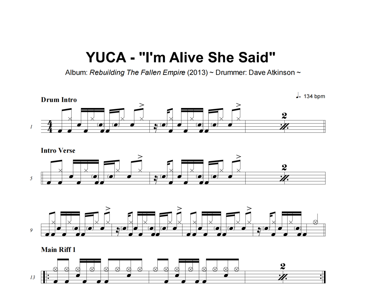 I'm Alive She Said鼓谱 YUCA《I'm Alive She Said》架子鼓|爵士鼓|鼓谱+动态视频