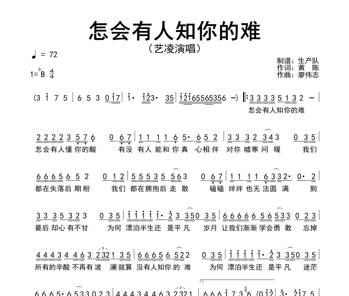 怎会有人知你的难简谱 艺凌《怎会有人知你的难》简谱降B调