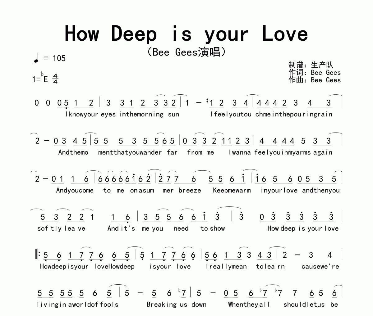 How Deep is your Love简谱 Bee Gees《How Deep is your Love》简谱降E调