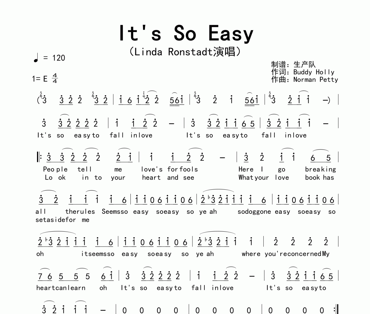 It's So Easy简谱 Linda Ronstadt《It's So Easy》简谱E调