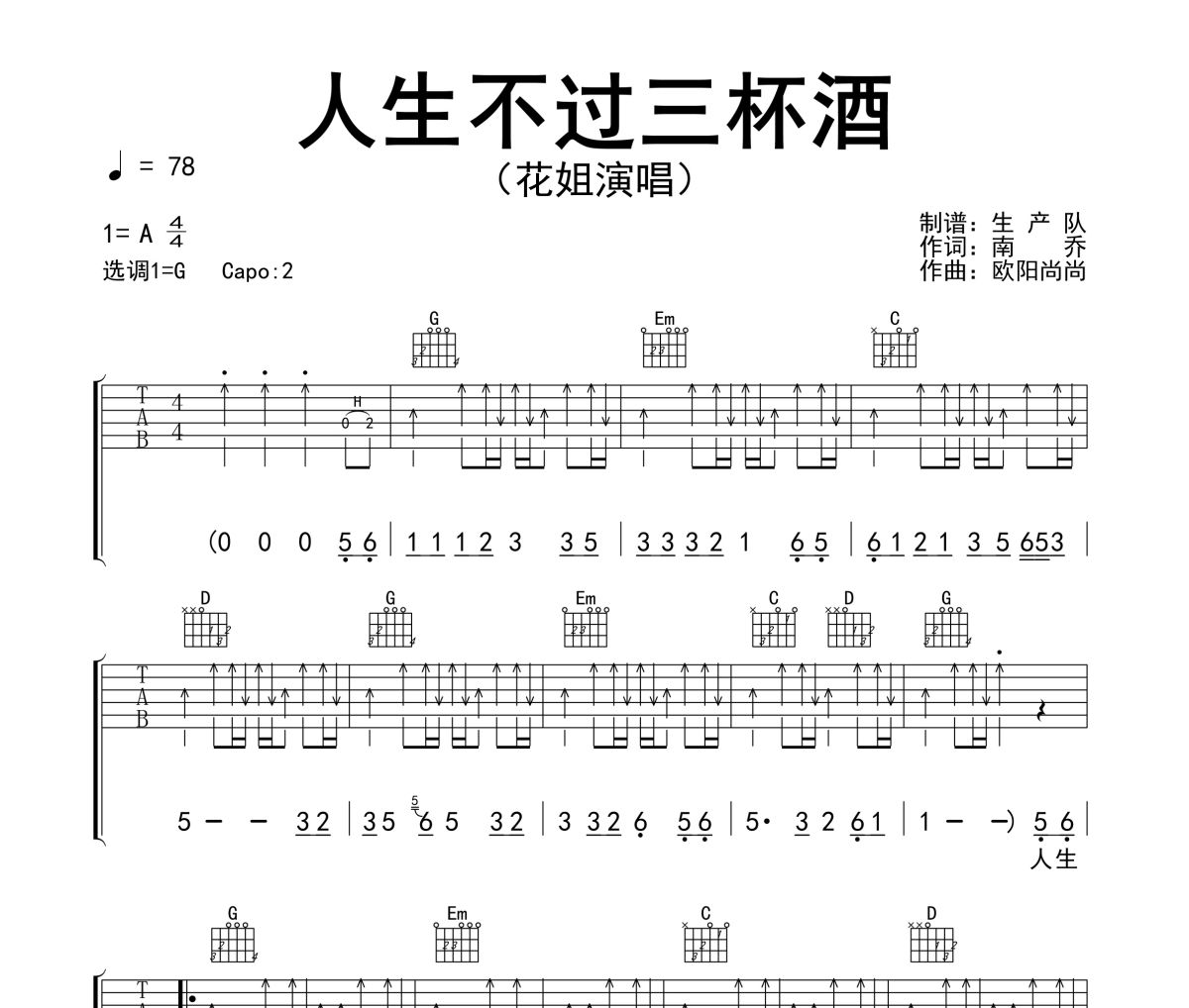 人生不过三杯酒吉他谱 花姐-人生不过三杯酒六线谱A调