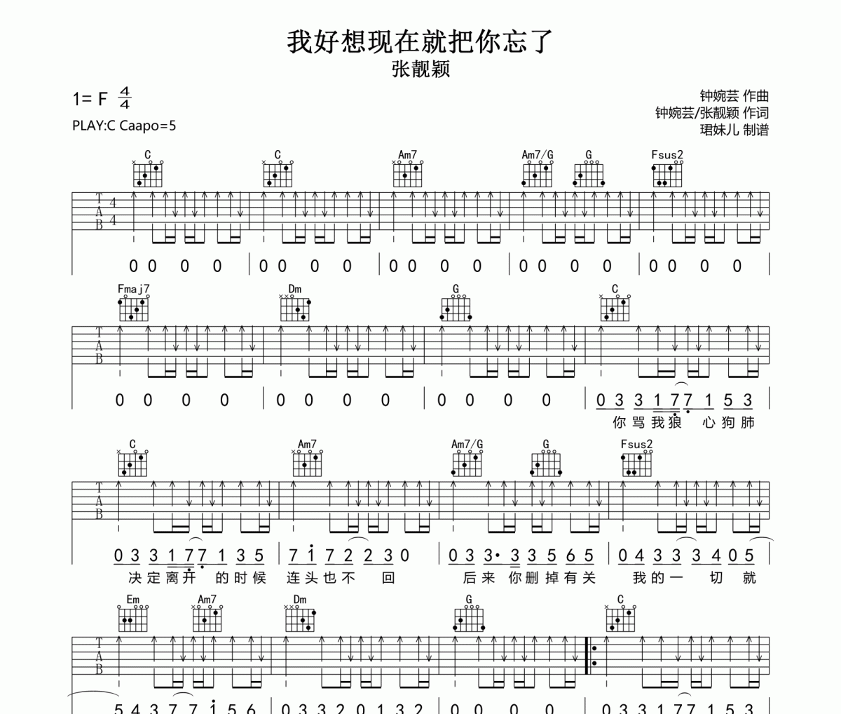 我好想现在就把你忘了吉他谱 张靓颖《我好想现在就把你忘了》六线谱|吉他谱