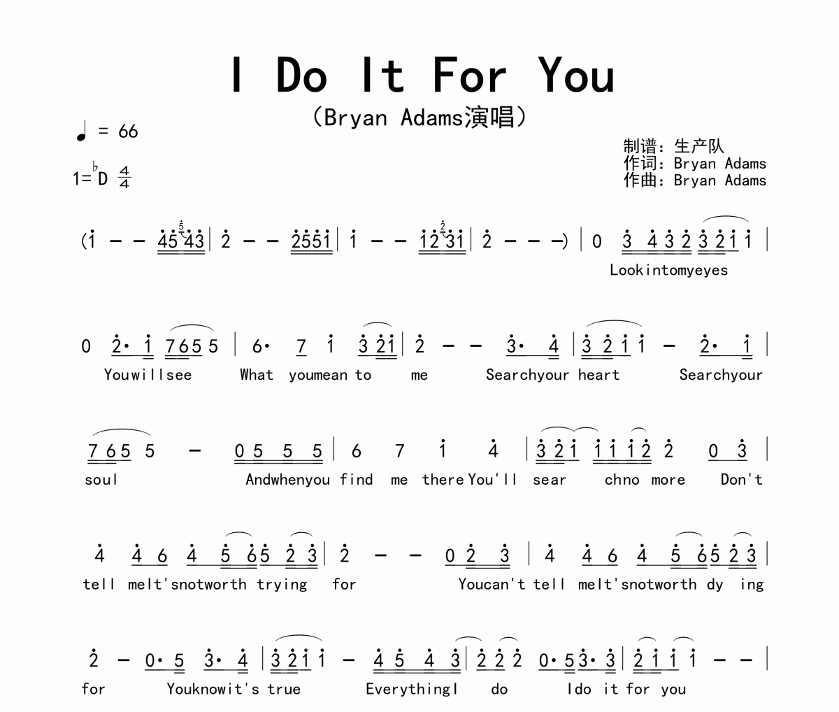 I Do It For You简谱 Bryan Adams《I Do It For You》简谱降D调
