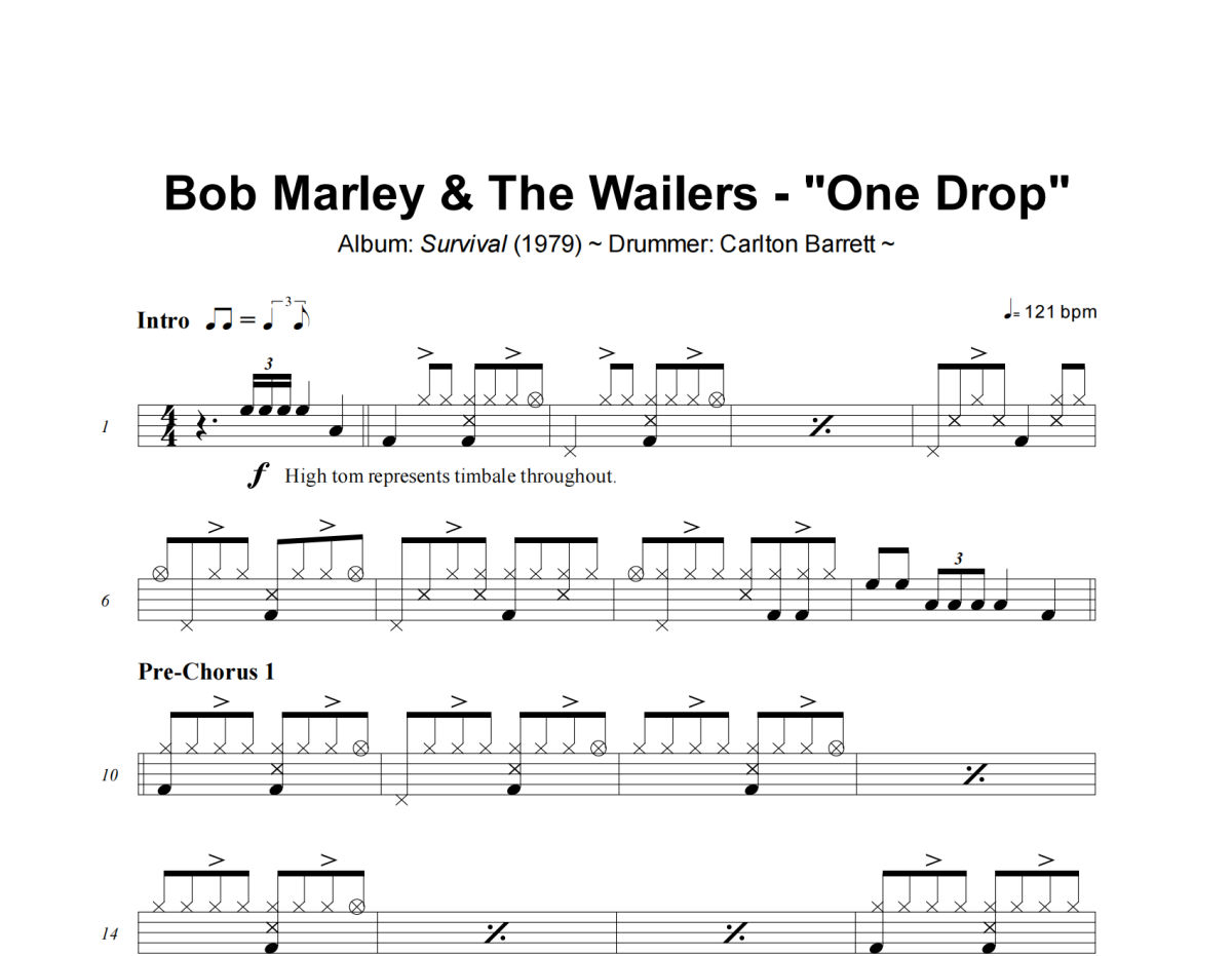 One Drop鼓谱 Bob Marley & The Wailers《One Drop》架子鼓|爵士鼓|鼓谱+动态视频