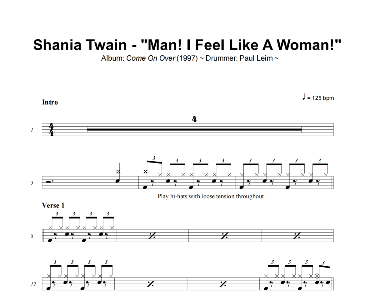 Shania Twain《Man! I Feel Like A Woman!》架子鼓|爵士鼓|鼓谱+动态视频